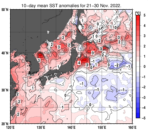 日本近海の旬平均海面水温平年差分布図（2022年11月下旬）