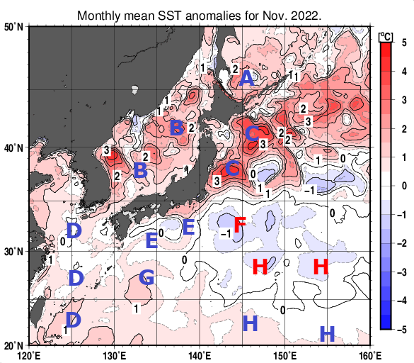 日本近海の月平均海面水温平年差分布図（2022年11月）