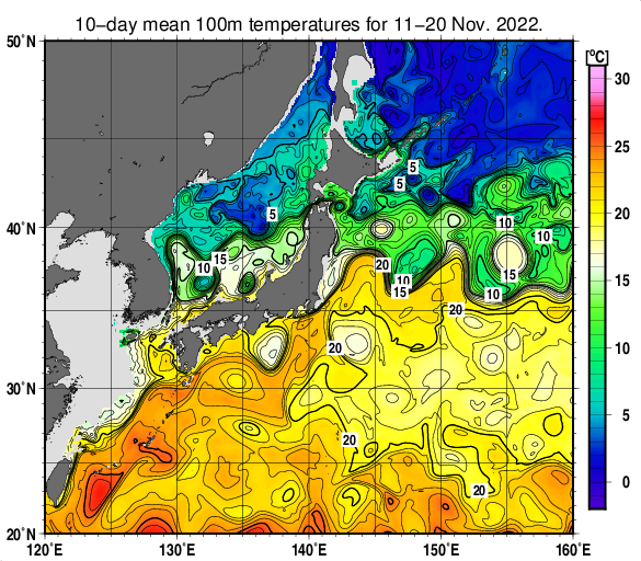 日本近海の深さ100mの旬平均水温分布図（2022年11月中旬）