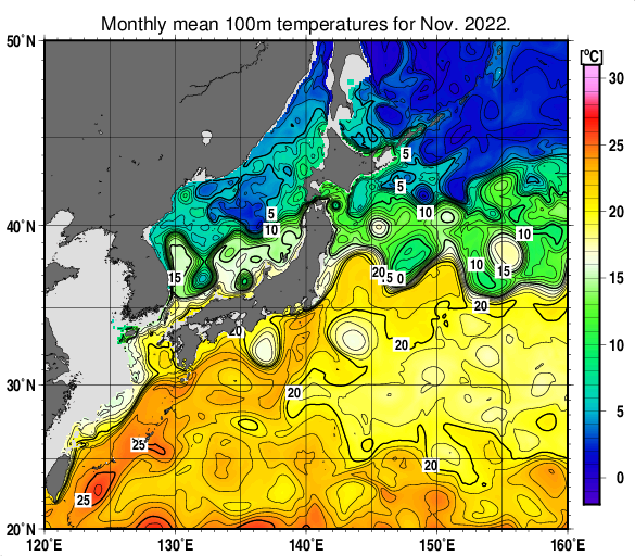 日本近海の深さ100mの月平均水温分布図（2022年11月）