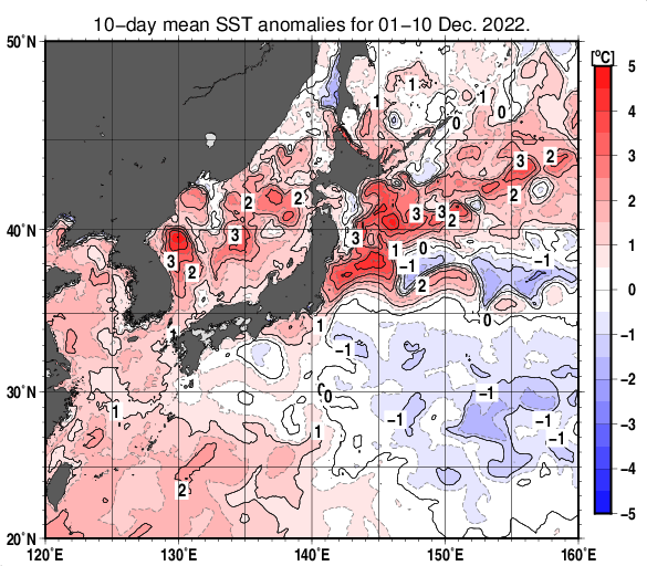 日本近海の旬平均海面水温平年差分布図（2022年12月上旬）