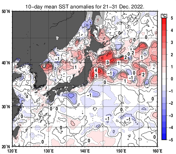 日本近海の旬平均海面水温平年差分布図（2022年12月下旬）