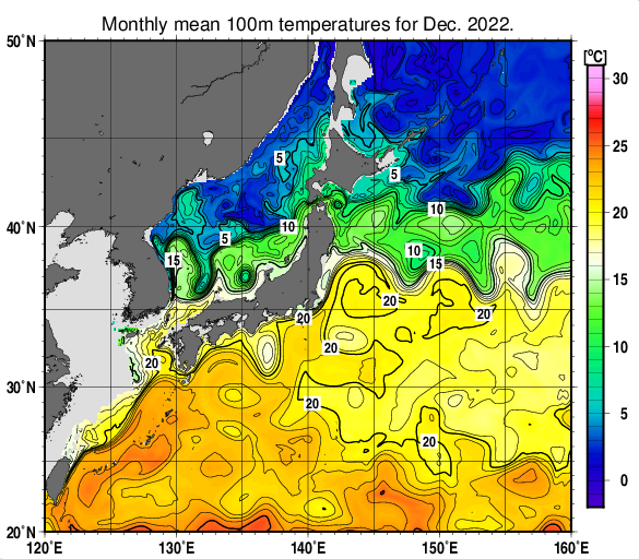 日本近海の深さ100mの月平均水温分布図（2022年12月）