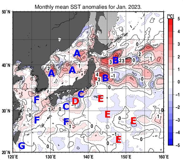 日本近海の月平均海面水温平年差分布図（2023年1月）