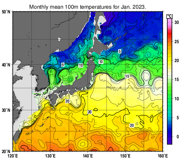 日本近海の深さ100mの月平均水温分布図（2023年1月）