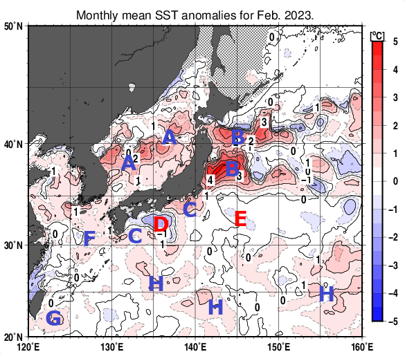 日本近海の月平均海面水温平年差分布図（2023年2月）