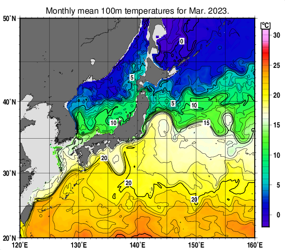 日本近海の深さ100mの月平均水温分布図（2023年3月）