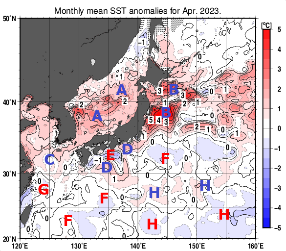 日本近海の月平均海面水温平年差分布図（2023年4月）