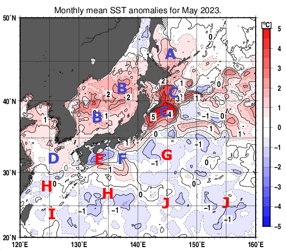日本近海の月平均海面水温平年差分布図（2023年5月）