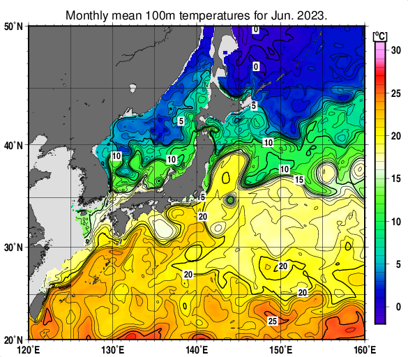 日本近海の深さ100mの月平均水温分布図（2023年6月）