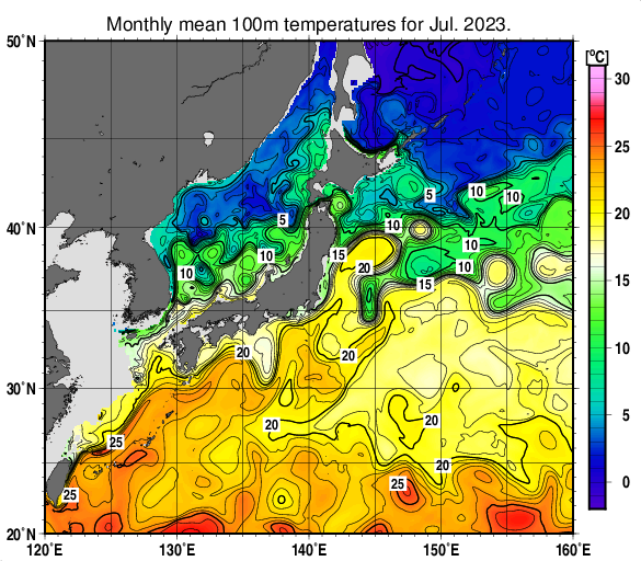 日本近海の深さ100mの月平均水温分布図（2023年7月）
