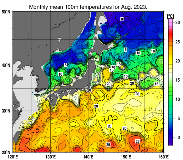日本近海の深さ100mの月平均水温分布図（2023年8月）