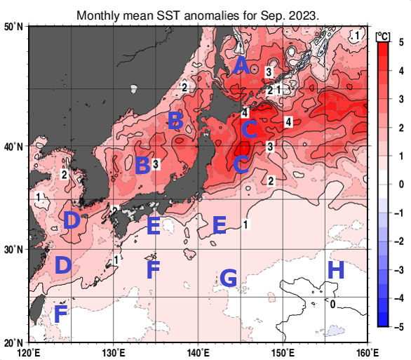 日本近海の月平均海面水温平年差分布図（2023年9月）
