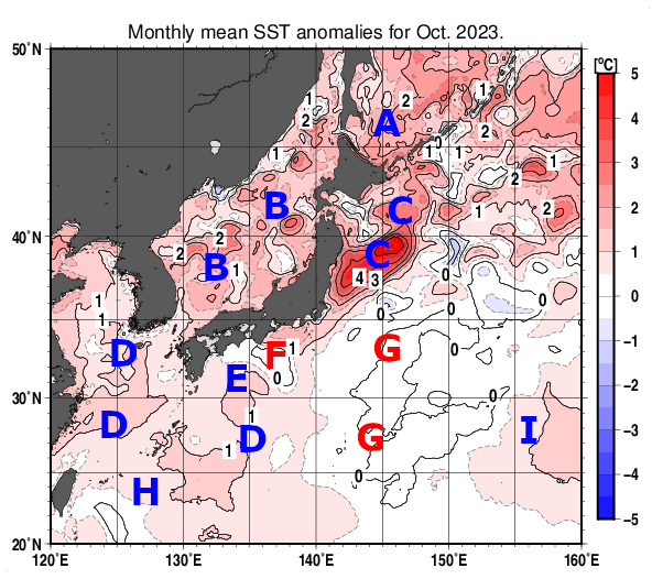 日本近海の月平均海面水温平年差分布図（2023年10月）