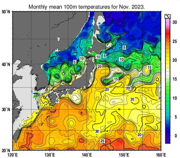 日本近海の深さ100mの月平均水温分布図（2023年11月）