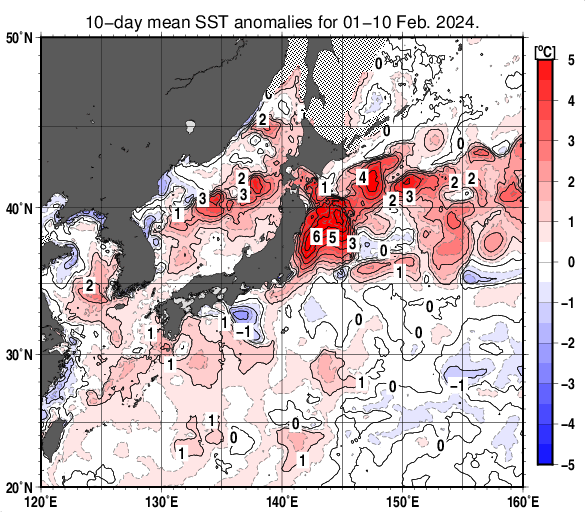 日本近海の旬平均海面水温平年差分布図（2024年2月上旬）