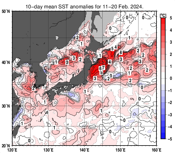 日本近海の旬平均海面水温平年差分布図（2024年2月中旬）