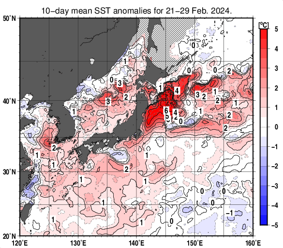 日本近海の旬平均海面水温平年差分布図（2024年2月下旬）