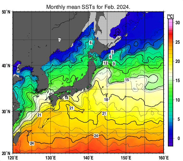 日本近海の月平均海面水温分布図（2024年2月）