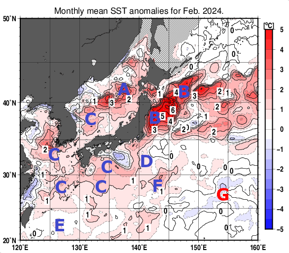 日本近海の月平均海面水温平年差分布図（2024年2月）