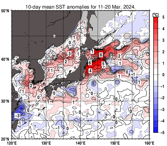 日本近海の旬平均海面水温平年差分布図（2024年3月中旬）