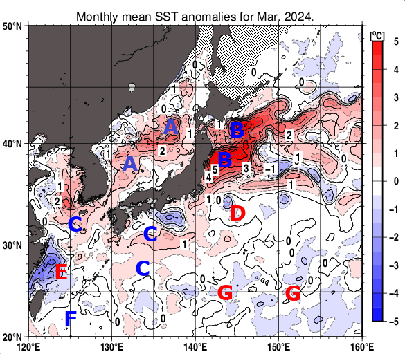 日本近海の月平均海面水温平年差分布図（2024年3月）