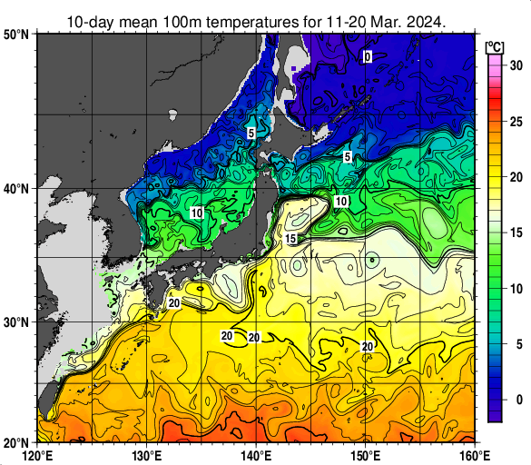 日本近海の深さ100mの旬平均水温分布図（2024年3月中旬）