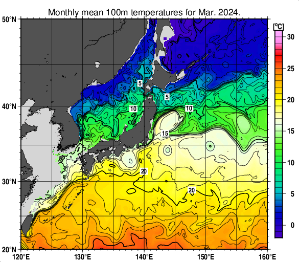 日本近海の深さ100mの月平均水温分布図（2024年3月）