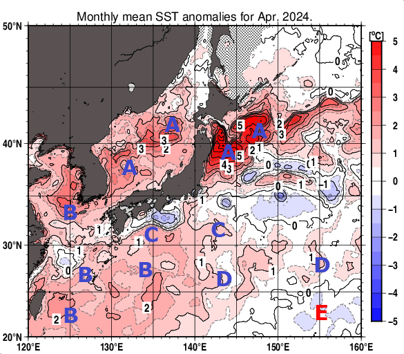 日本近海の月平均海面水温平年差分布図（2024年4月）