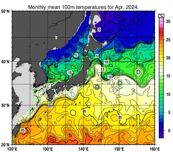 日本近海の深さ100mの月平均水温分布図（2024年4月）