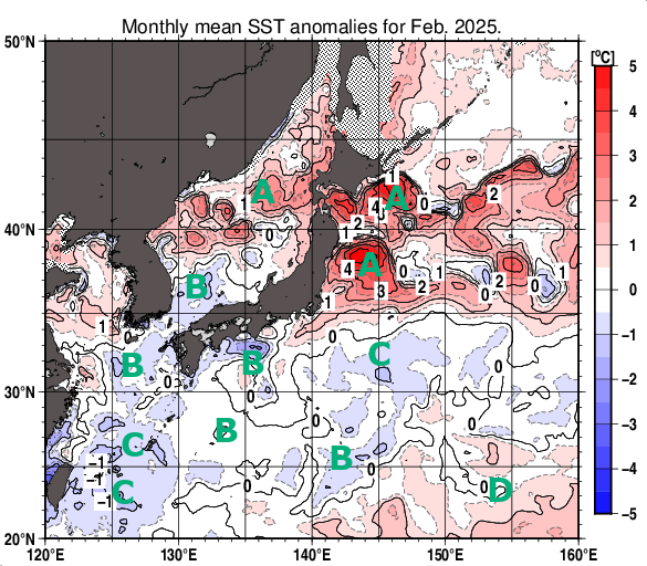 日本近海の月平均海面水温平年差分布図（2025年2月）
