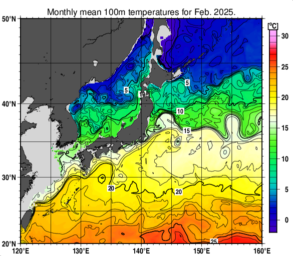 日本近海の深さ100mの月平均水温分布図（2025年2月）