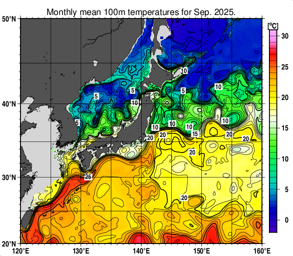 日本近海の深さ100mの月平均水温分布図（2025年9月）