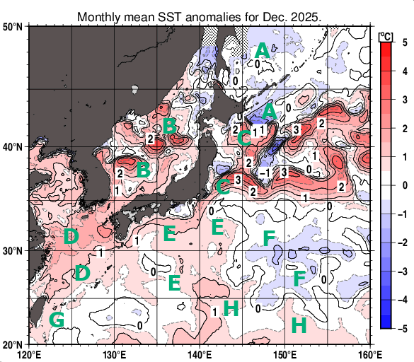 日本近海の月平均海面水温平年差分布図（2025年12月）