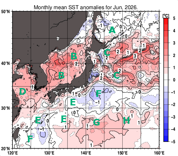 日本近海の月平均海面水温平年差分布図（2026年6月）