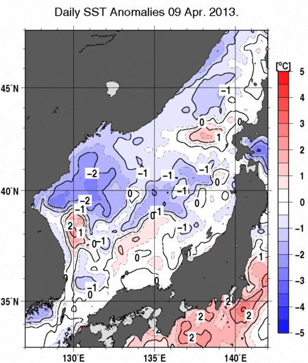 日本海の海面水温偏差分布図（4月9日）