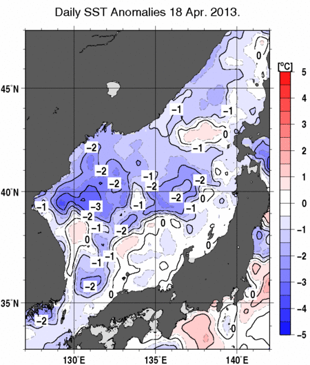 日本海の海面水温偏差分布図（4月18日）