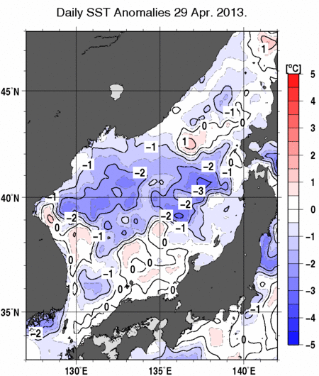 日本海の海面水温偏差分布図（4月29日）