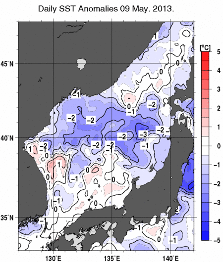 日本海の海面水温偏差分布図（5月9日）