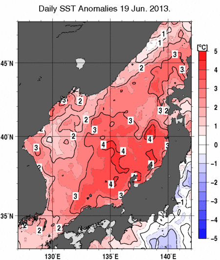 日本海の海面水温偏差分布図（6月19日）