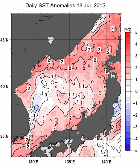日本海の海面水温偏差分布図（7月18日）