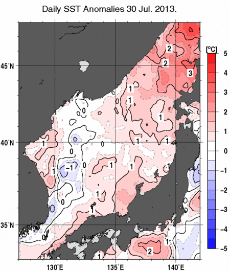 日本海の海面水温平年差分布図（7月30日）