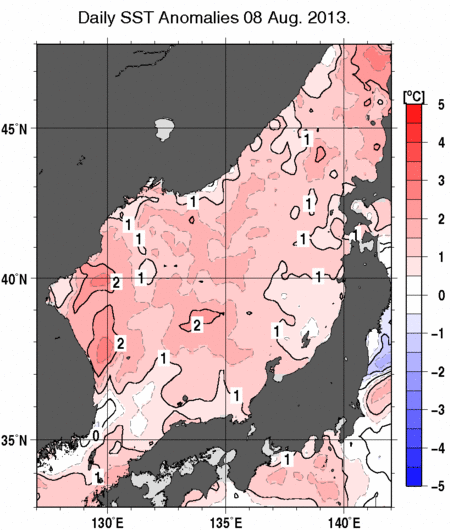 日本海の海面水温平年差分布図（8月8日）