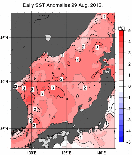 日本海の海面水温平年差分布図（8月29日）