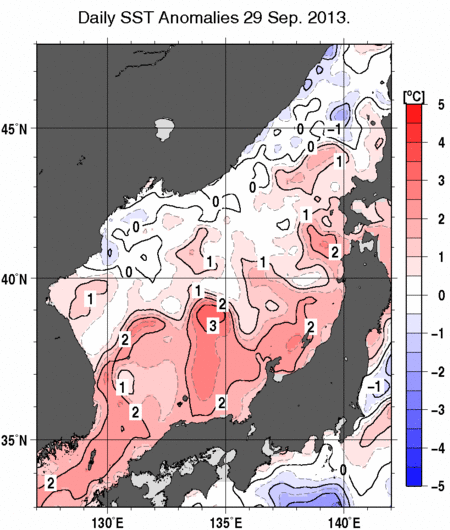 日本海の海面水温平年差分布図（9月29日）