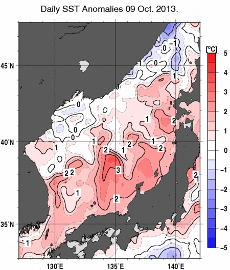 日本海の海面水温平年差分布図（10月9日）