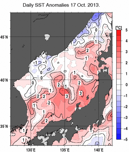 日本海の海面水温平年差分布図（10月17日）