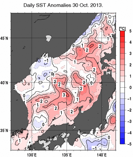 日本海の海面水温平年差分布図（10月30日）