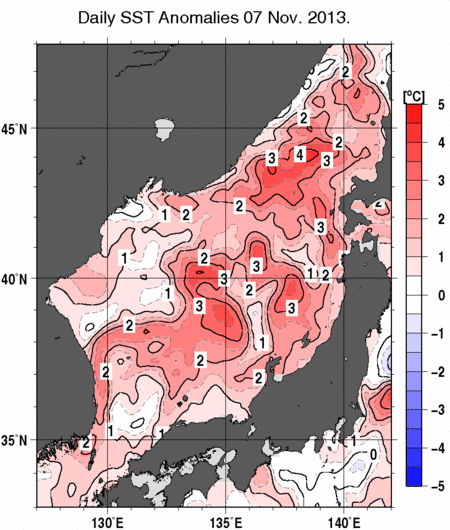 日本海の海面水温平年差分布図（11月7日）