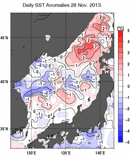 日本海の海面水温平年差分布図（11月28日）